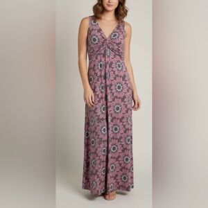 Boden Floral Maxi Sleeveless Dress 6 Pink Brown Ruched Twisted Knot Tie Back